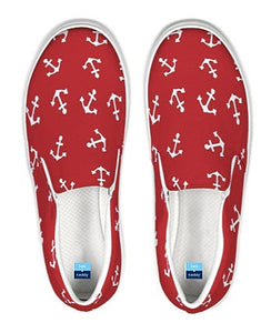 Red and White Anchor Slip On Canvas Shoes