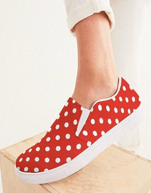 Red and White Polka Dot Slip On Canvas Shoes
