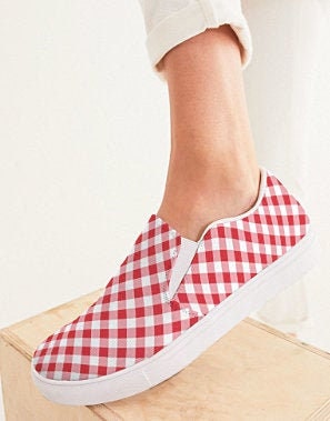 Red and White Gingham Slip On Canvas Shoes