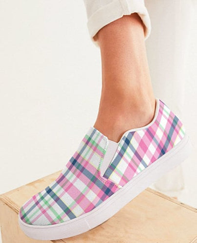 Pink and Navy Madras Slip On Canvas Shoes