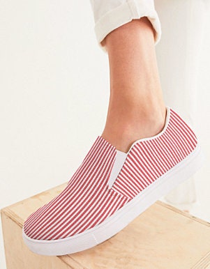 Red Seersucker Slip On Canvas Shoes