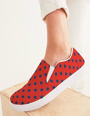 Red and Navy Polka Dot Slip On Canvas Shoes