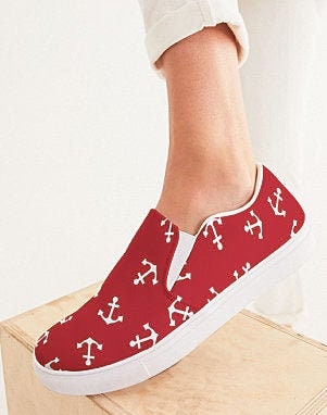 Red and White Anchor Slip On Canvas Shoes