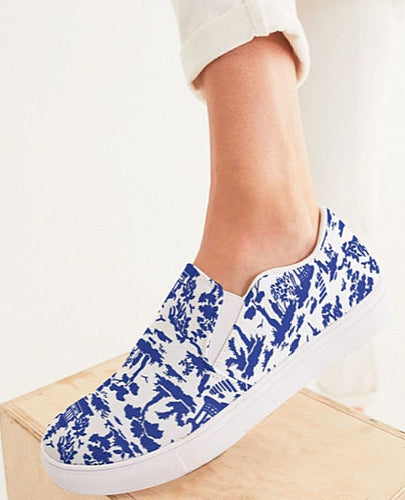 Blue Willow Style Chinoiserie Slip On Canvas Shoes