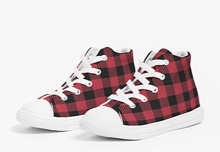 Kids High Top Canvas Red and Black Buffalo Plaid Sneakers
