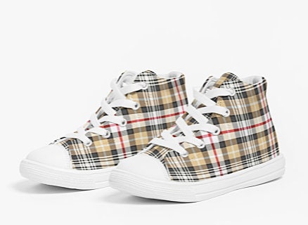 Kids High Top Canvas Khaki and Black Plaid Sneakers