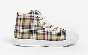 Kids High Top Canvas Khaki and Black Plaid Sneakers