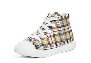 Kids High Top Canvas Khaki and Black Plaid Sneakers
