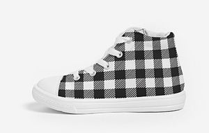 Kids High Top Canvas Black and White Buffalo Plaid Sneakers