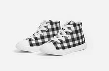 Load image into Gallery viewer, Kids High Top Canvas Black and White Buffalo Plaid Sneakers