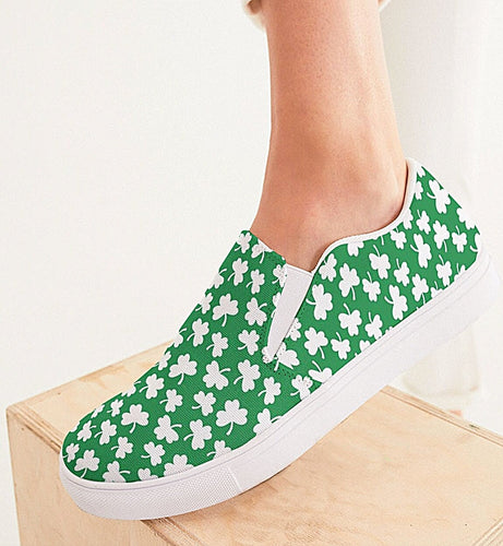 White and Green Shamrock Slip On Canvas Shoes