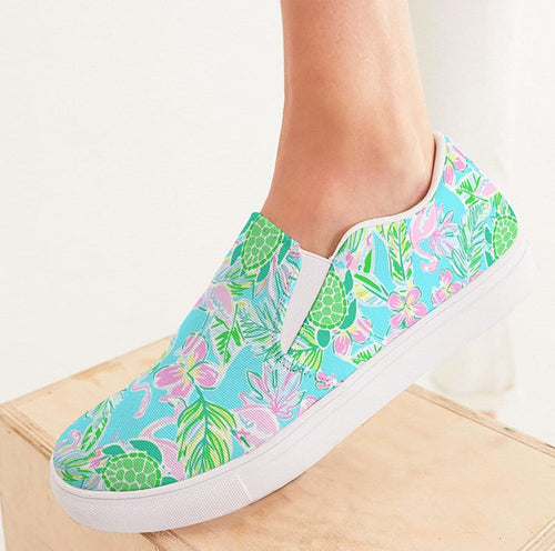 Lilly-Style Floral Pink Flamingo Slip On Canvas Shoes